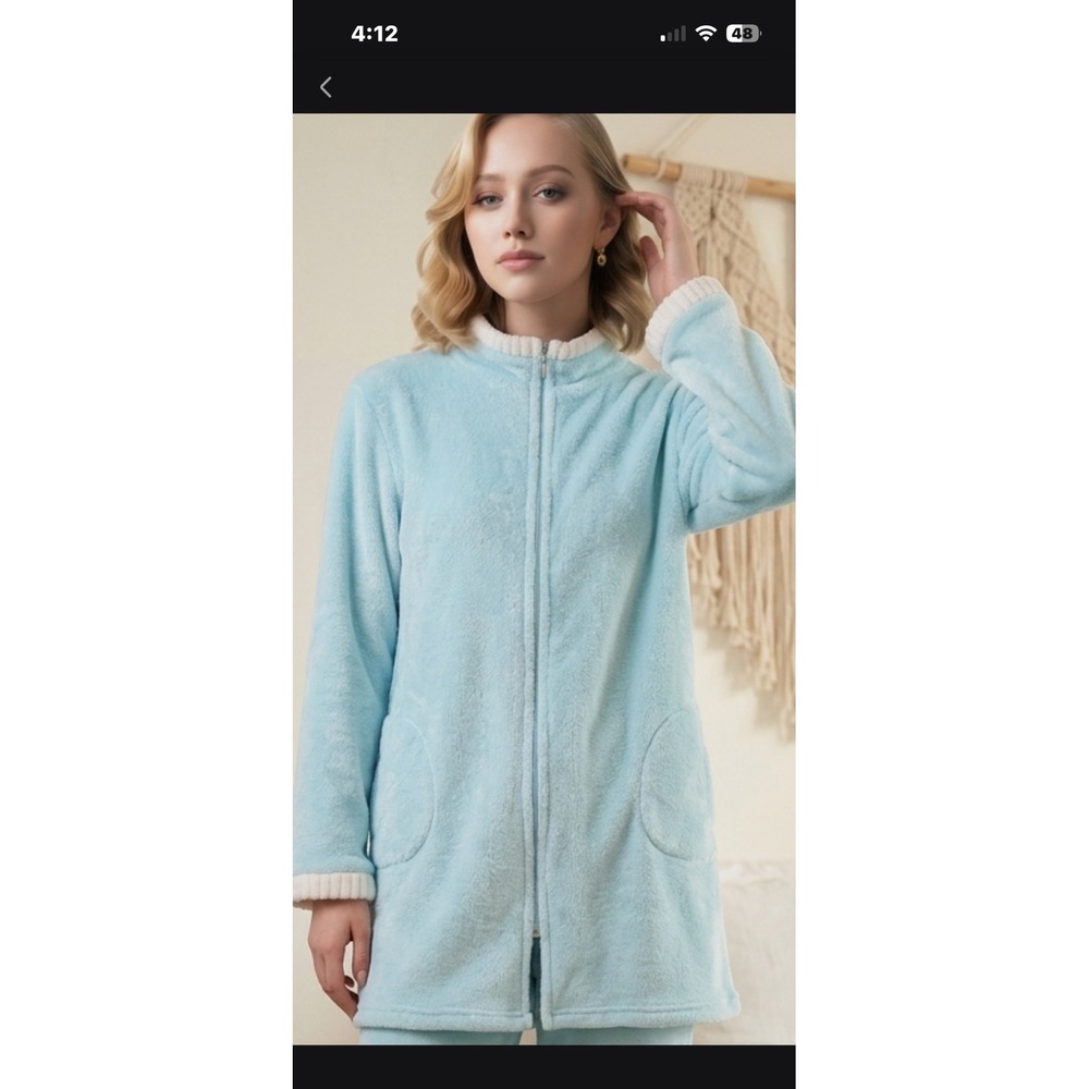 Miss Elaine Light Blue Plush Fleece Zip Front Robe XL Loungewear Pockets